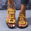 Fashion 2025Summer New Round Headed Leather Ladies' Sandals Flat Casual Beach Shoes Comfortable Footwear with Metal Decoration for Women