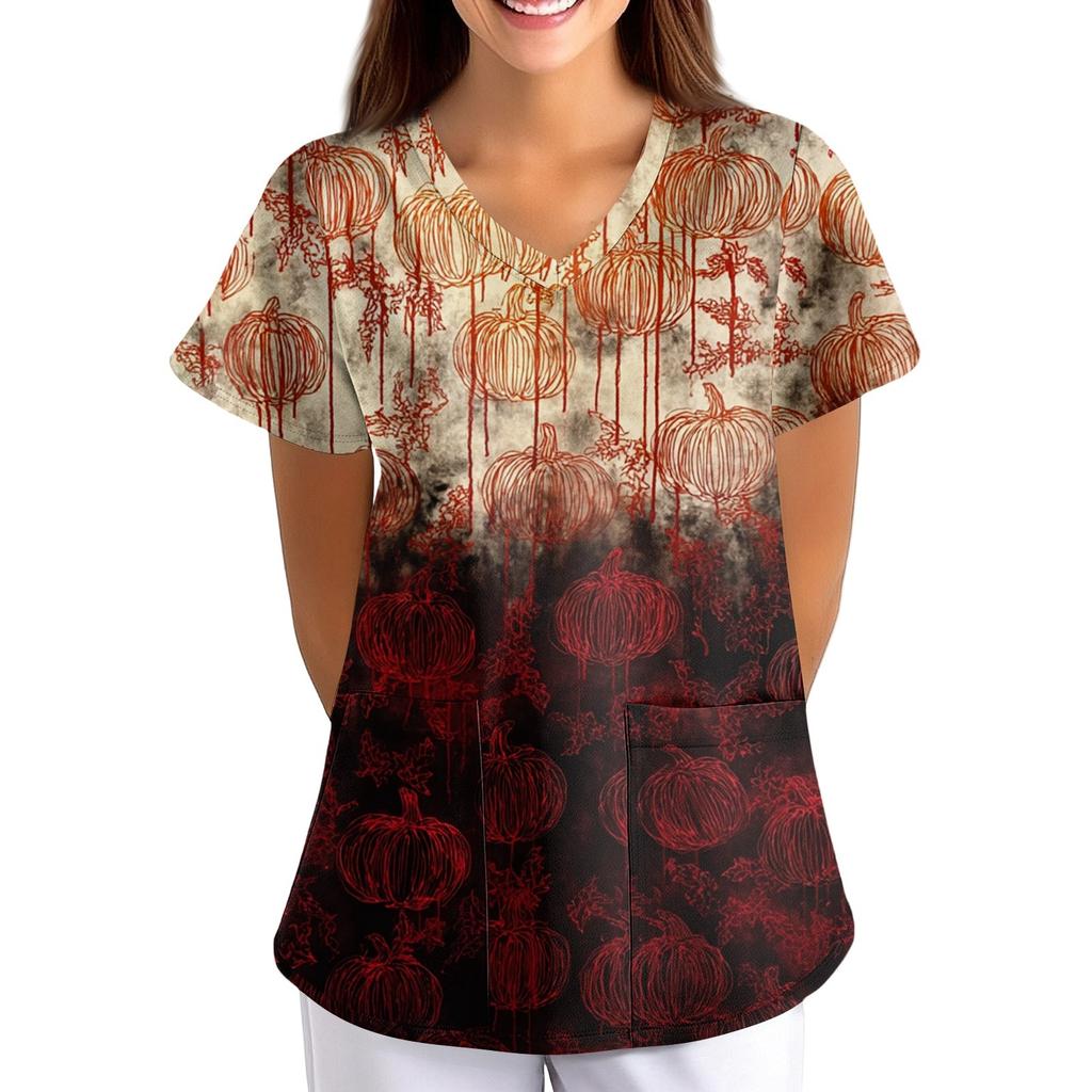 Damen Halloween Bedruckt Locker V-Ausschnitt Tasche Kurzarm Uniform  Uniform