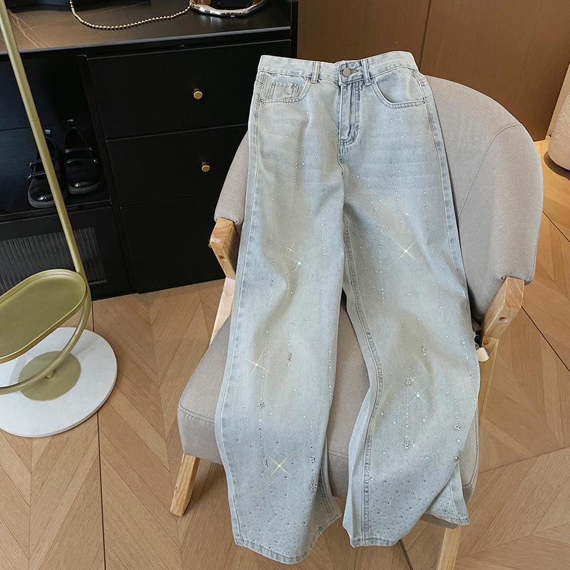 Women's High-Waist Light Blue Denim Pants with Shiny Detailing – Slimming Straight to Wide-Leg Casual Versatile Fit