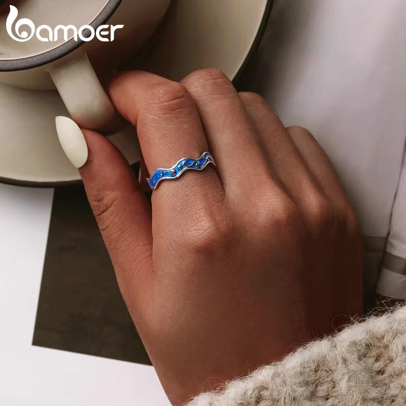 BAMOER Silver 925 Lover Rings for Couple Blue Starry Sky of Van Gogh Open Finger Ring Design Jewelry Accessories SCR608