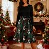 Women's Fashion Round Casual Slim Fit Christmas Print Large Swing Long Sleeve Dress