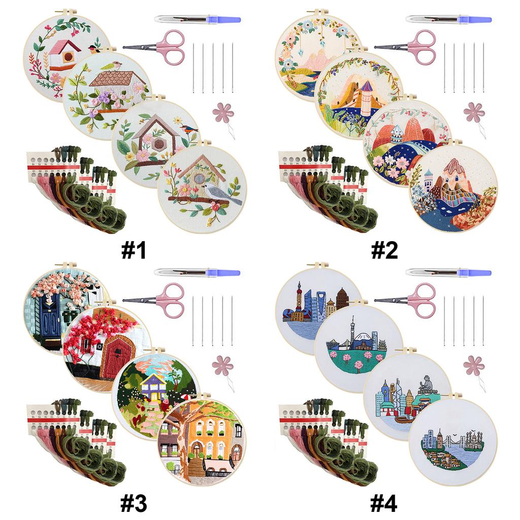 4 Pack Scenery DIY Embroidery Starter Kit 30x30cm Embroidery Stitches Practice Kit for Beginners Adults Hand Craft Lover Gift
