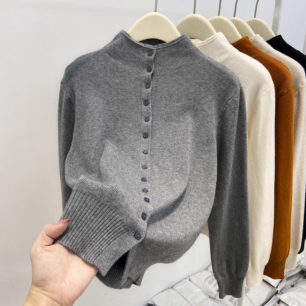 Premium Gray Autumn and Winter Stacked Wear Semi-turtleneck Long-sleeved Sweater Lazy Style Loose Casual Knitted Cardigan Top Women's Outfit