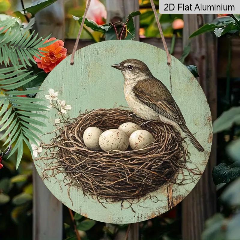 

2D Flat Aluminum Retro Bird s Nest and Egg-Themed Wall Decor Rustic Style 7.87 Inches X 7.87 Inches Perfect for Homes, Studios, Cafes, Gardens, Front 1pc