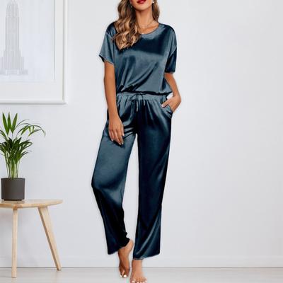Women's Silk Solid Color Pajama Set Short Sleeve Shirt And Long Pajama Pants Set Soft Pajamas Loungewear