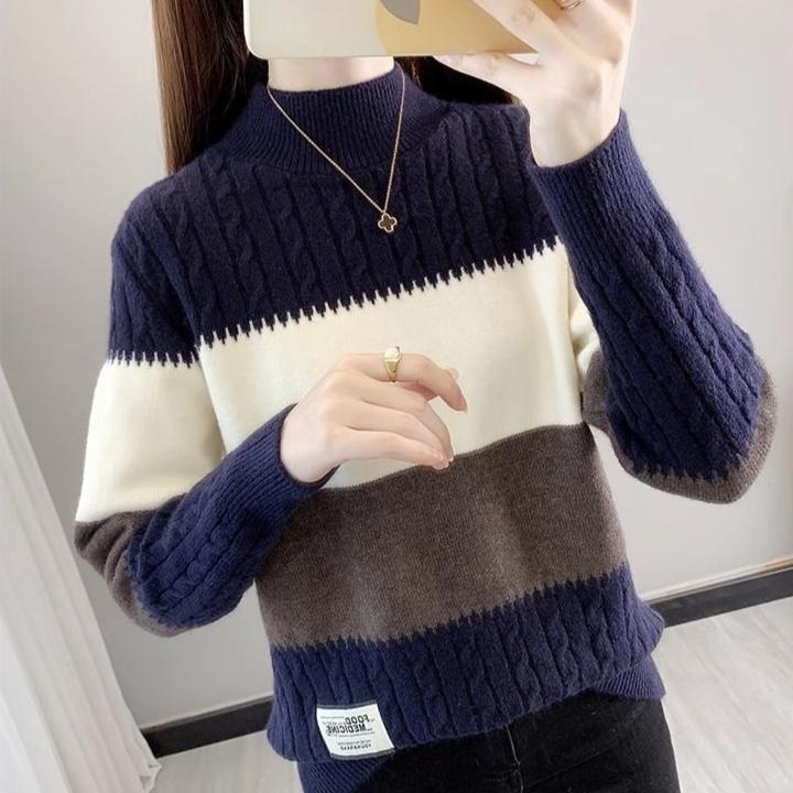 Women's Half Turtleneck Sweater Fall Winter Loose Knit Sweater Top Pullover Knit Jumper Color-blocked Plaid Knitwear