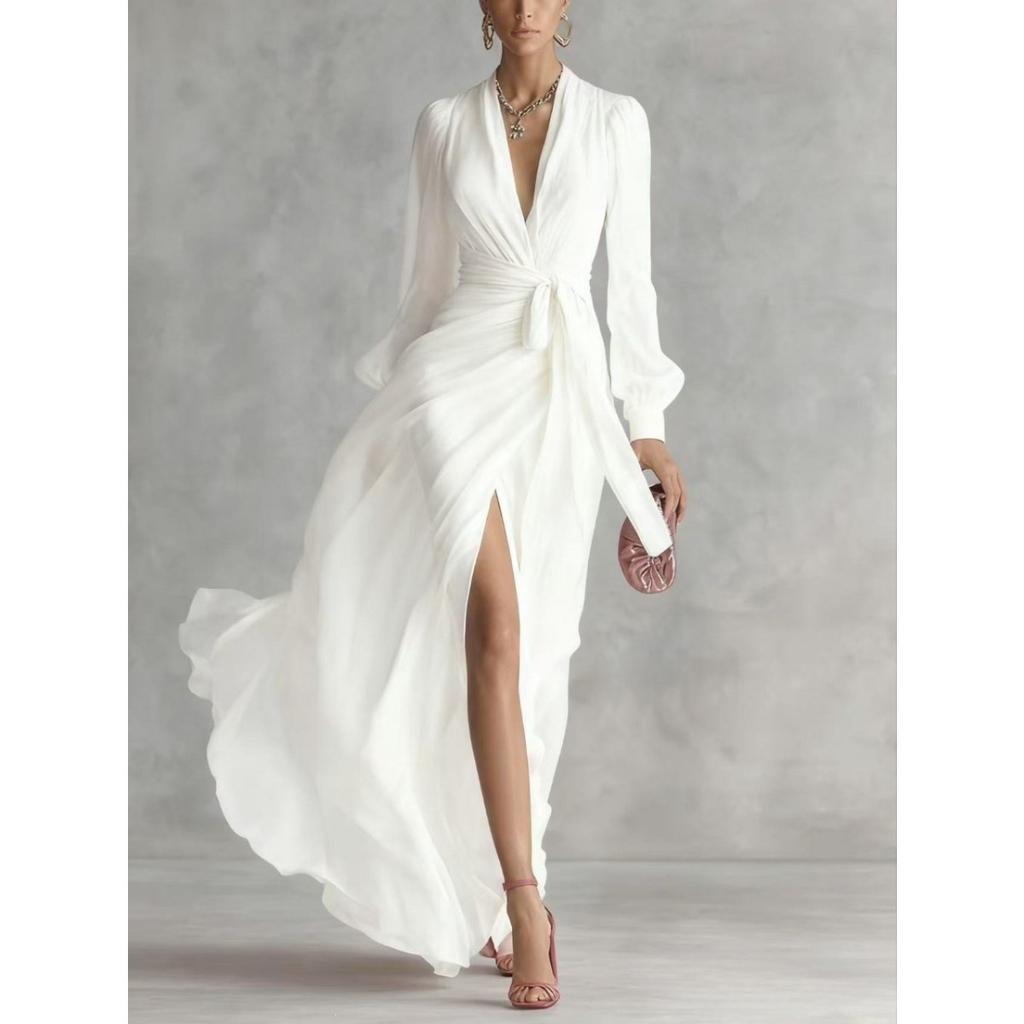 Women's V Neck Long Sleeve Maxi Dress Slim Fit Mid Waist Elegant Wrap Chiffon Dress