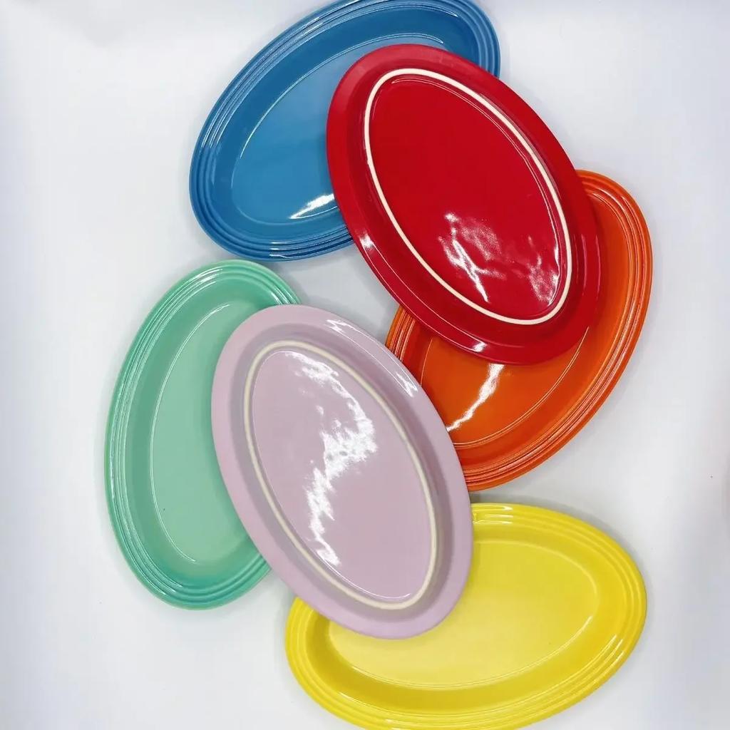 Französische Regenbogenplatte Elliptisch Flach 25cm Hellfarbiges Steinzeug Keramik Elliptisch Flach Gemüse Obst Fischplatte