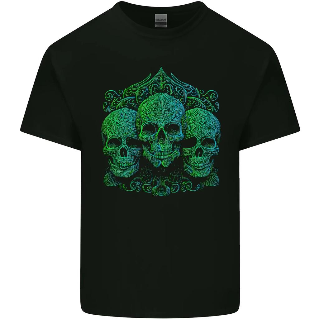3 Ornate Green Skulls Gothic Goth Kids T-Shirt Childrens