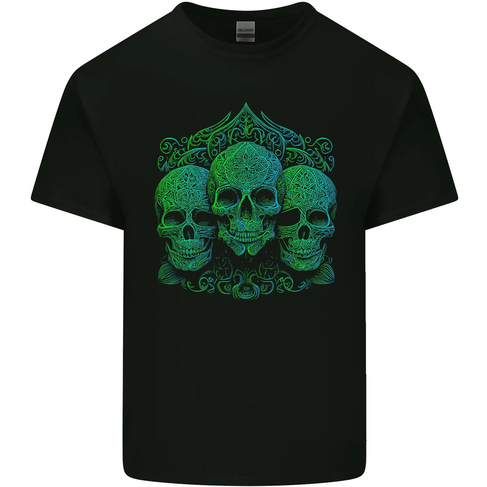 3 Ornate Green Skulls Gothic Goth Kids T-Shirt Childrens 3XL