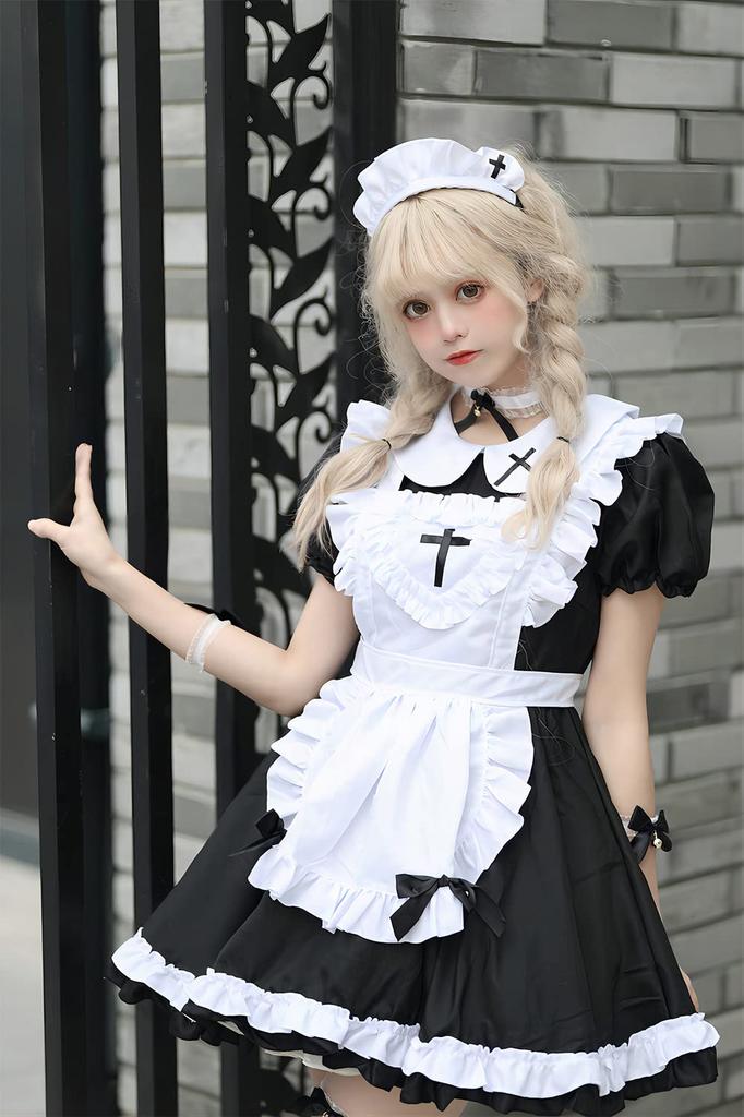 Maid 4 Colors and Halloween Short Adult Necklace and Socks [RPFLQ] Costume, Cosplay, Available Black, Red, Blue, Pink, Costume, Women's Apron,