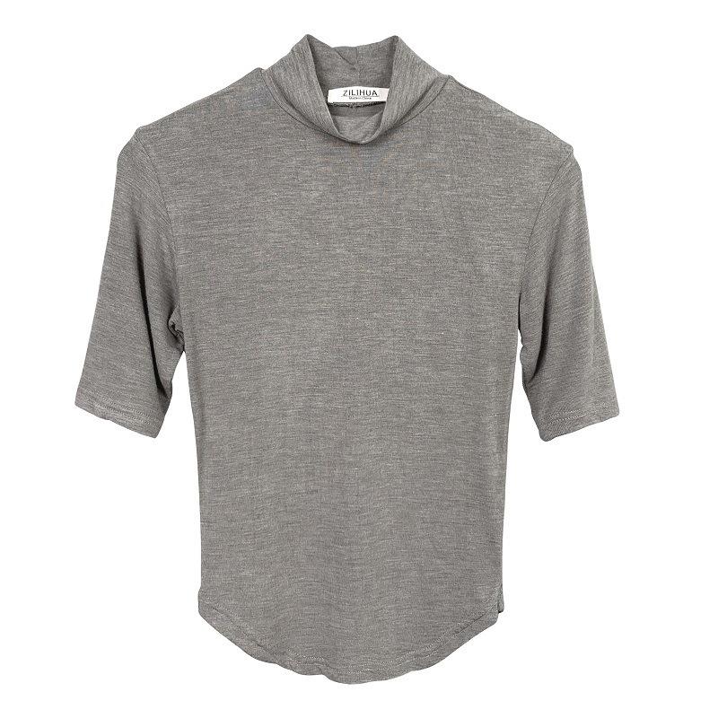 Korean Dongdaemun Sheer High Neck Slim Fit T-Shirt with Five-Point Sleeves