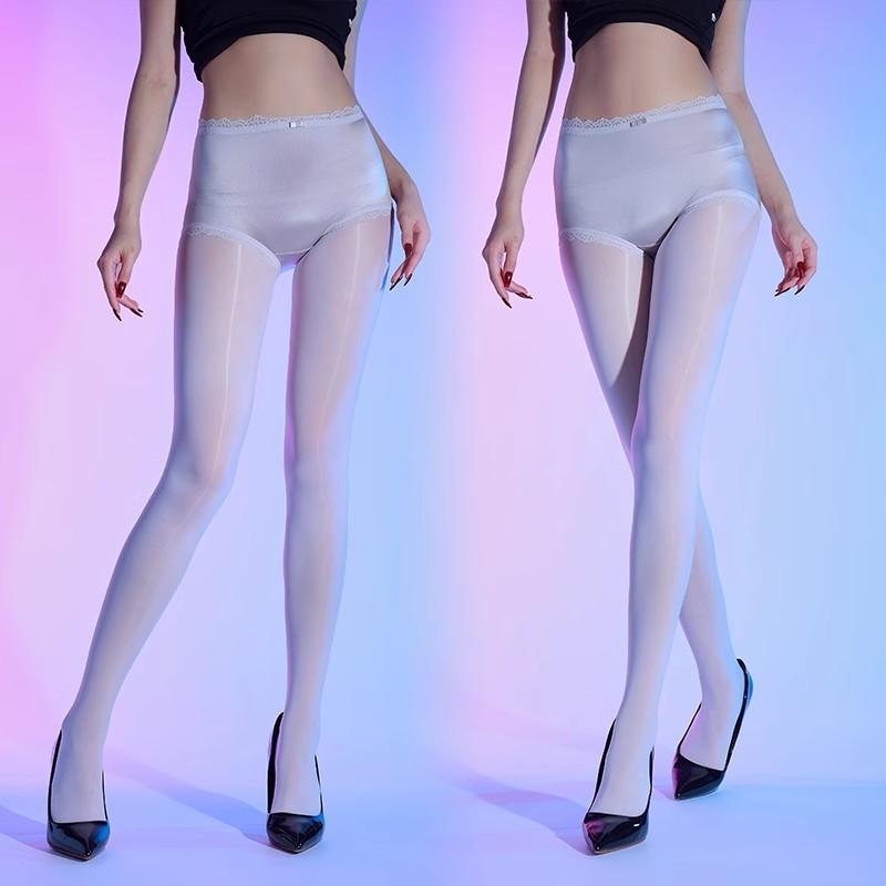 Horse Oil Slim Shaping Tights Lace Transparent Open Crotch See Through Patchwork Pantyhose Sexy Lingerie Satin Silk Underwear