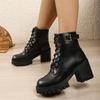 High-heeled European and American Black Martin Boots, Round Toe, Thick Heel, Lace-up Leather Boots, Women's 2025 Pre-fall New Plus-size Women's Boots