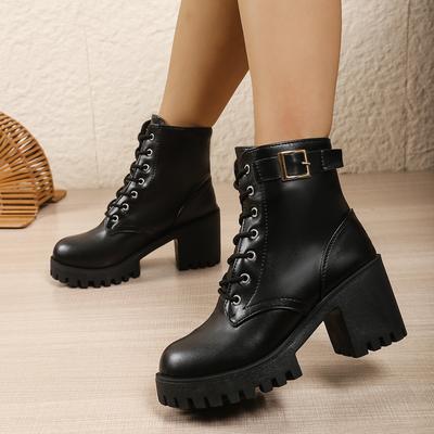 High-heeled European and American Black Martin Boots, Round Toe, Thick Heel, Lace-up Leather Boots, Women's 2025 Pre-fall New Plus-size Women's Boots
