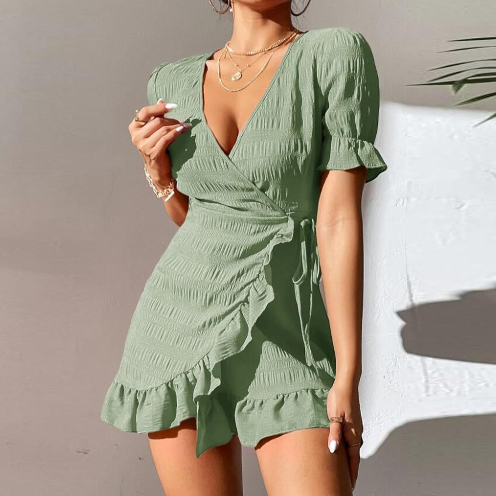 

Женское сексуальное платье с коротким рукавом и v-образным вырезом, модное платье XL зелёный