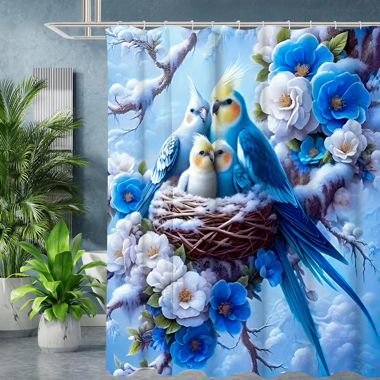 

Floral and Birds Pattern Bathing Curtain Bathroom Shower Curtain Waterproof With 12 Hooks Home Deco W90xH180cm