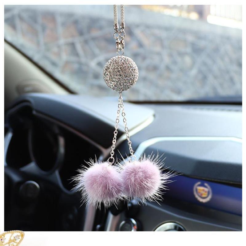 Creative New Mink Hair Crystal Diamond Ball Peach Heart Rearview Mirror Pendant Tassel Style Car Hanging Decoration PendantItems