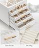 Vlando Glass Lid 5-Drawer Jewelry Box for Women, Organizer for Necklaces, Rings, Earrings, Bracelets, and Accessories (White)