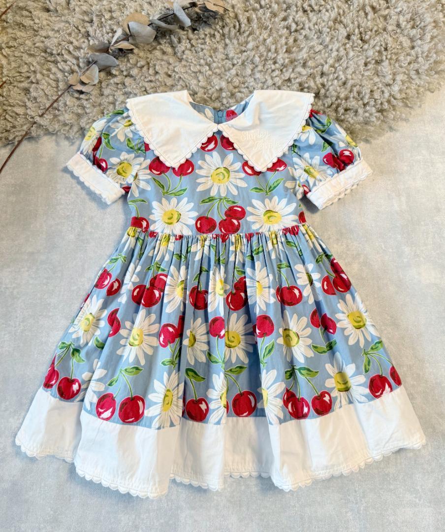 

[USED] Shirley Temple Lace Collar Dress, Daisy and Cherry Pattern, 110cm