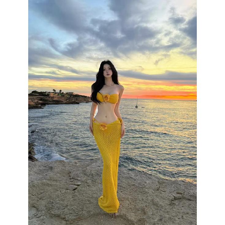 New European And American Beach Vacation Bikini Top With Hollowed Out Crochet Knitted Long Dress