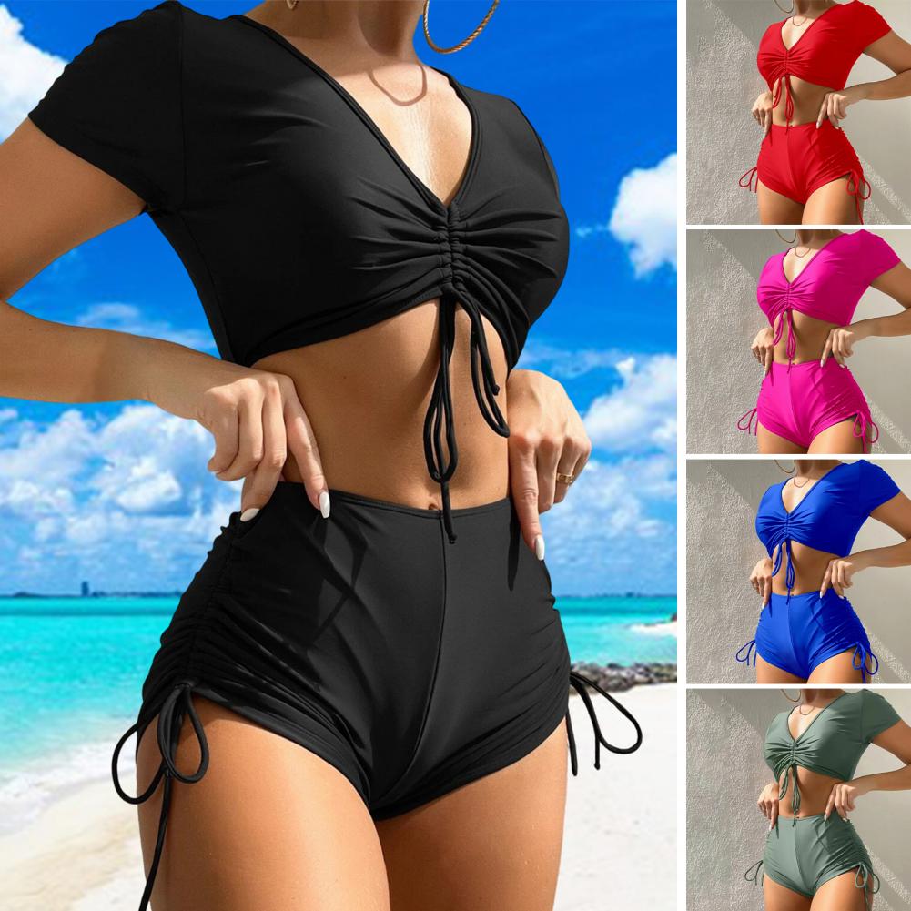 Solid Color Swimsuit Stylish Women's Summer Bikini Set with V-neck Top High Waist Drawstring Swimsuit 2 Piece Set for Beach