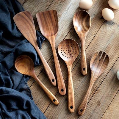 1-9 Pcs/set Natural Teak Wooden Tableware Spoon Colander Ladle Turner Rice Colander Soup Skimming Cooking Spoon Kitchen Tool Kit