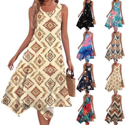 Damen Casual Fashion Rundhalsausschnitt Ärmellos Print Unregelmäßiger Saum Midikleid Saum Midikleid