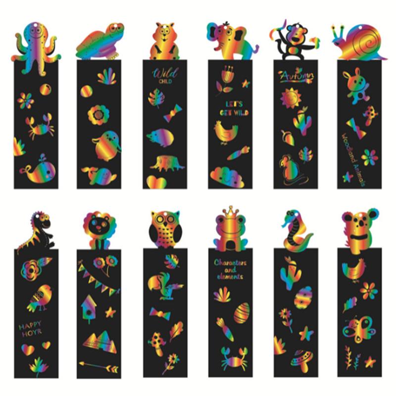12PCS Bookmark Scratch Paper DIY Children Painting Toys Puzzle Early Education Toys Kids Birthday Gift Scratch Painting TMZ