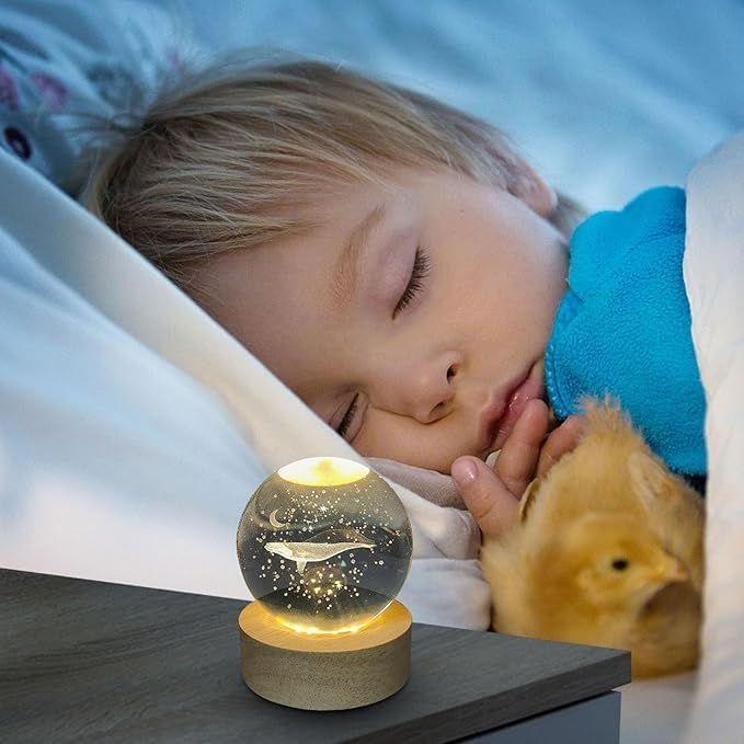 Whale 3D Crystal Ball Night Light with Wooden Base - LED USB Table Lamp for Kids, Teens, and Home Decor