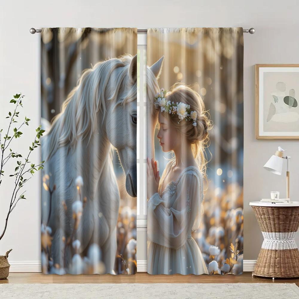 

Set Of 2 Elegant Filtering Curtains Excluding Rods Non Movable Without Batteries Snowy Maiden Horse Use Bedrooms Curtain For Bedroom Made Polyester W100*H70(CM)-Hooks&1PCS