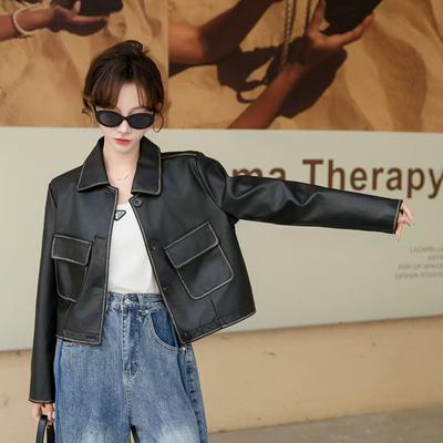 Small Fashionable Long-sleeved Leather Jacket for Women, Retro Lapel Short Jacket, Autumn Style, New Style, Loose and Slim Leather Jacket