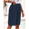 women's Elastic High Waist Button Detail Linen Blend Knee Length Shorts Casual Straight Leg Bermuda Pants