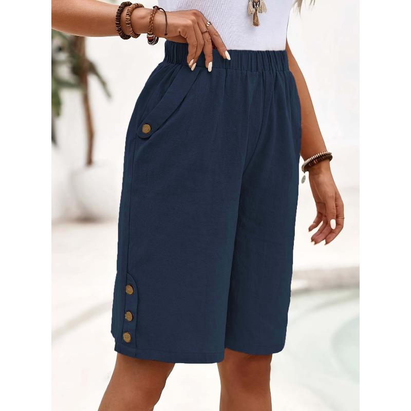 women's Elastic High Waist Button Detail Linen Blend Knee Length Shorts Casual Straight Leg Bermuda Pants