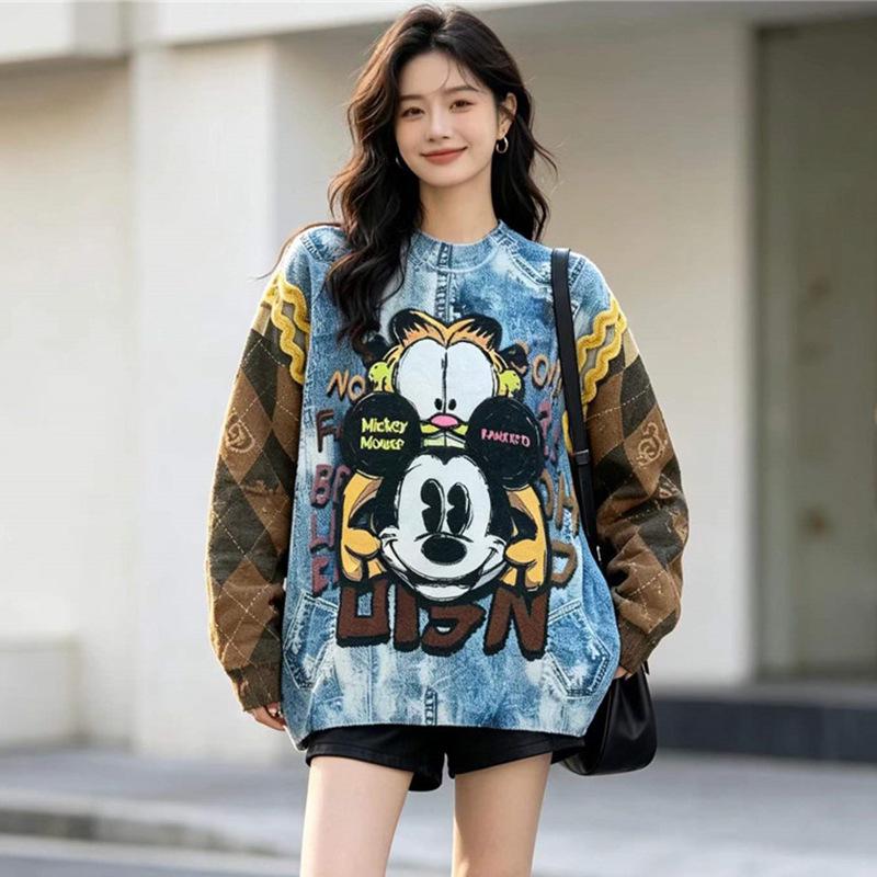 Retro Cartoon Print Loose Sweater - Women's Plus Size Autumn/Winter Knitwear