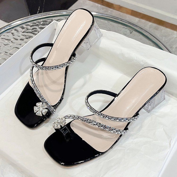 High-heeled sandals women's summer outer wear 2025 new with skirt thick heel toe beautiful rhinestone cover toe Roman cool slippers
