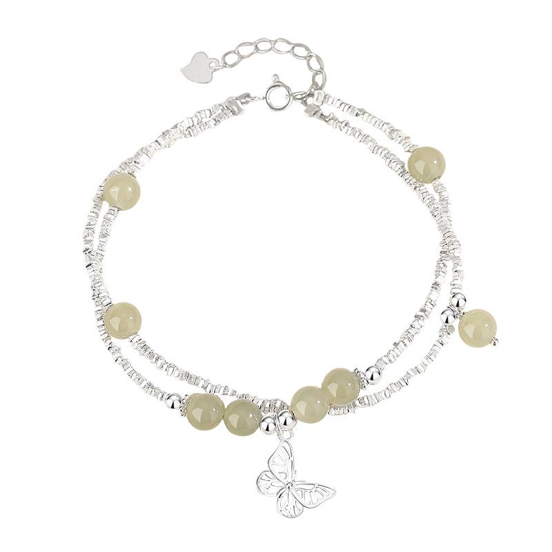 Tichiya Silver Butterfly Double-Layer S925 Sterling Jade Bracelet - Light Luxury Chinese Style Accessories for Women