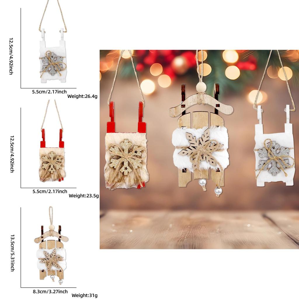 Charmantes hölzernes Weihnachtsschlitten-Ornament mit weichem Schneeflocken-Design, perfekt für Weihnachtsdekoration