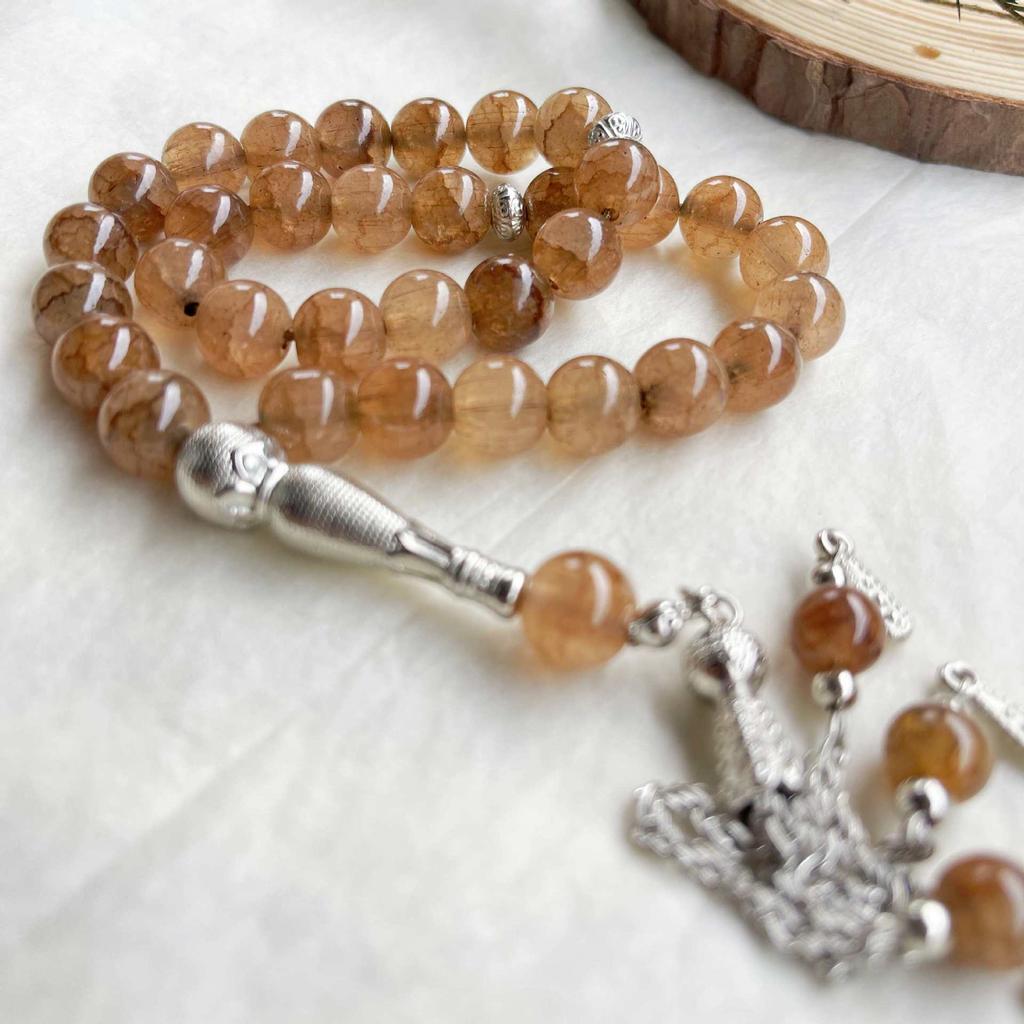 33 Beads 10mm Dragon Vein Stone Tasbih, Cracked Glass Prayer Beads for Ramadan Gift, Islamic Fashion Accessory