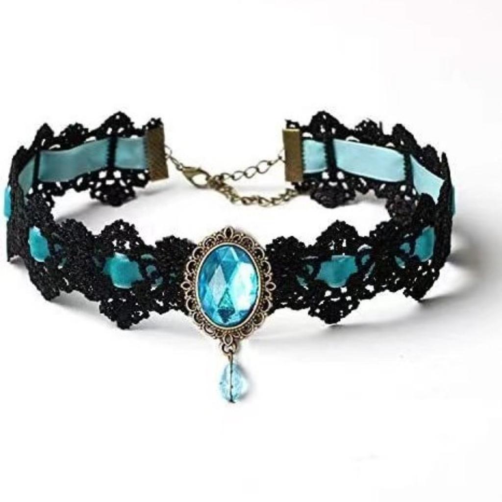 Lace Gothic Choker Necklace with Rhinestones - Victorian Style Collar Jewelry