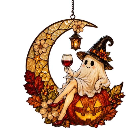 Farmhouse Exterior Ornament 2D Ghost Moon Pumpkin Acrylic Suncatcher, Halloween Window Hanging Ornament, Autumn Thanksgiving Garden Yard Wall