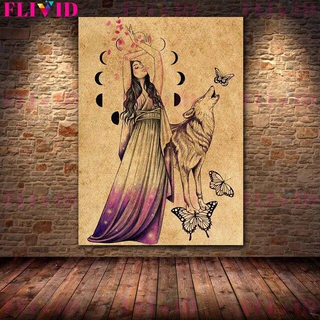 Wolf Woman And And Moon Wicca Vintage Wall Art Canvas Painting Daughters Of The Moon Art Poster And Print Home Decor No Frame