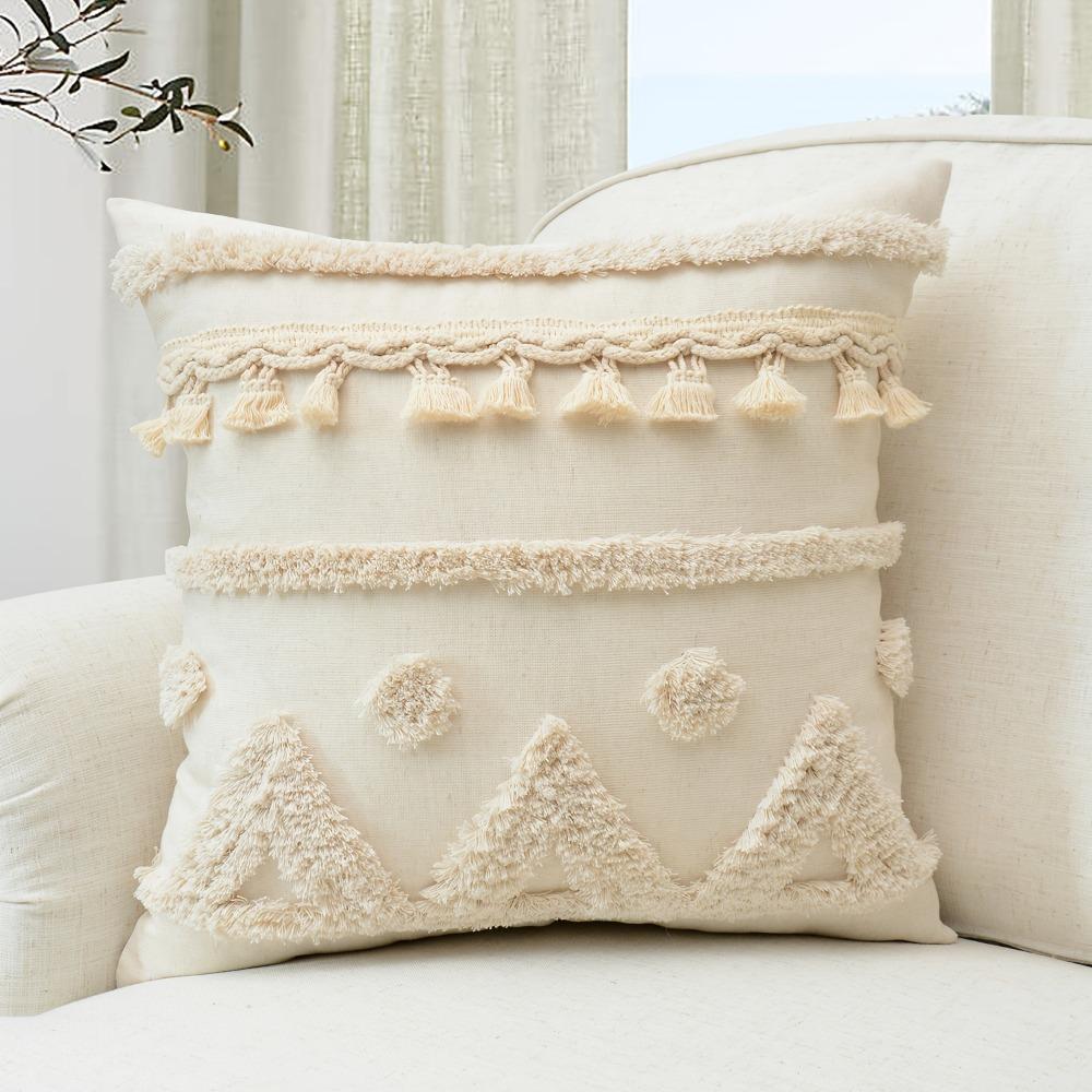 Geometric Pattern Tufted Fringed Cushion Cover Vintage Pillowcase Elegant Pillowslip Sofa