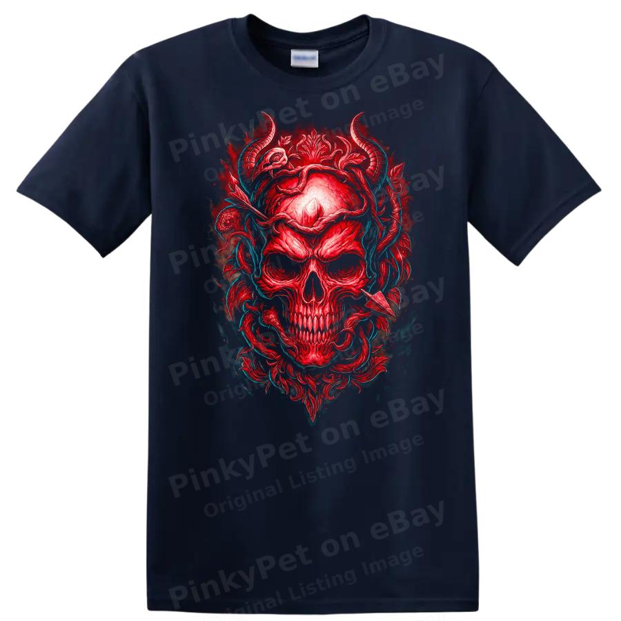 Skull T Shirt Red Crystal Horns Floral Design Cool Graphic Tee