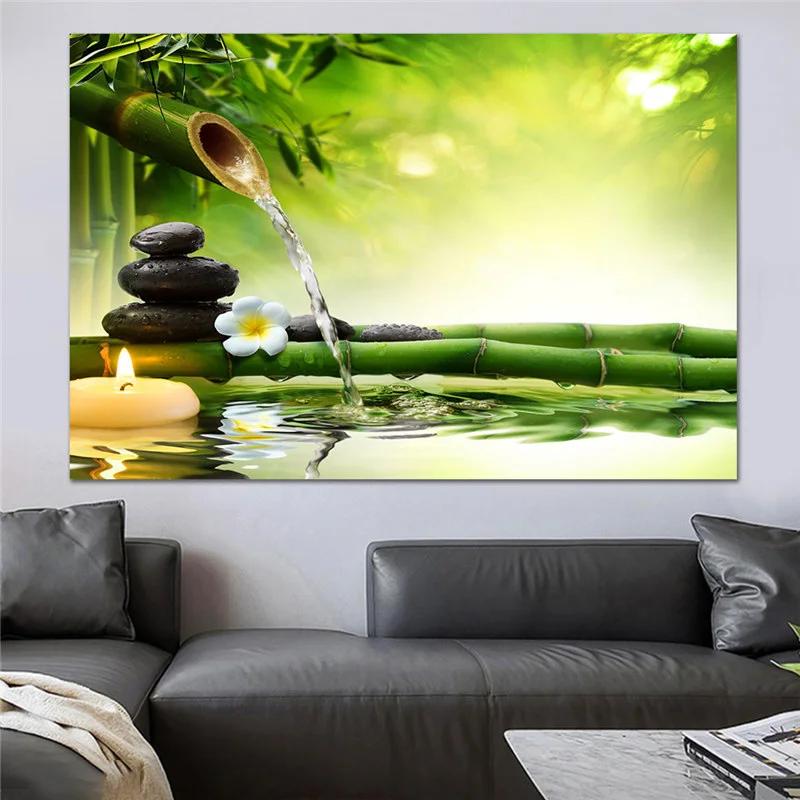 ZEN Poster Stone Bamboo Water Drops Green Leaf Still Life Meditation Wall Art Picture Canvas HD Print Buddha Home Decor Painting