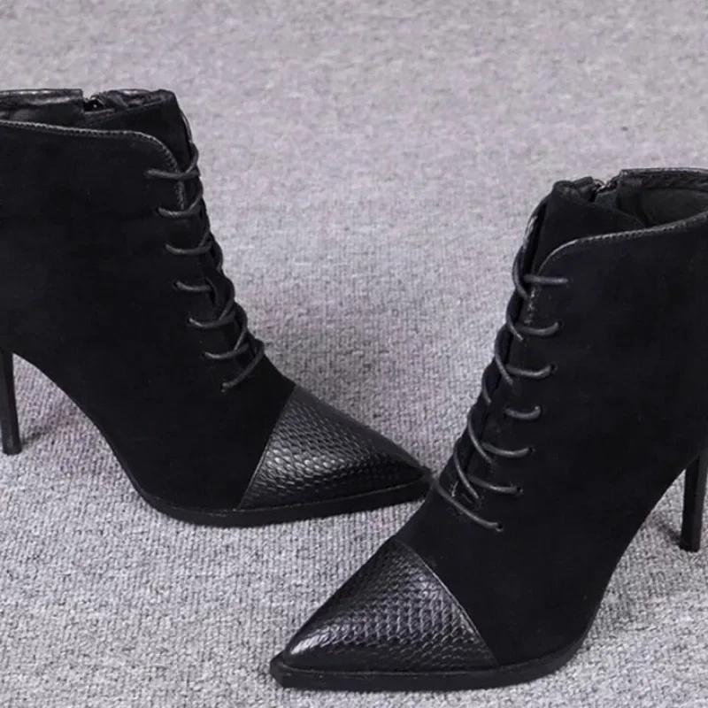 Fashion 2024 Winter Hot Front Lace-up Women's Boots Fashion Side Zipper Office and Career Sexy Pointed Toe High Heels Shoes for Women
