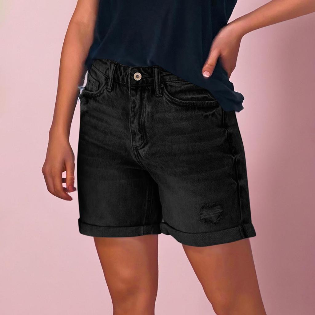 Jeans Feminino Cor Sólida Stretch Slim Fit Shorts Jeans Destroyed