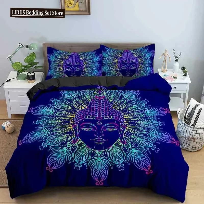 Buddha Bettwäscheset Indische Religion Buddhismus Meditation Mandala Bettbezug Lächeln Buddha Floral Weicher Quiltbezug Queen King Size