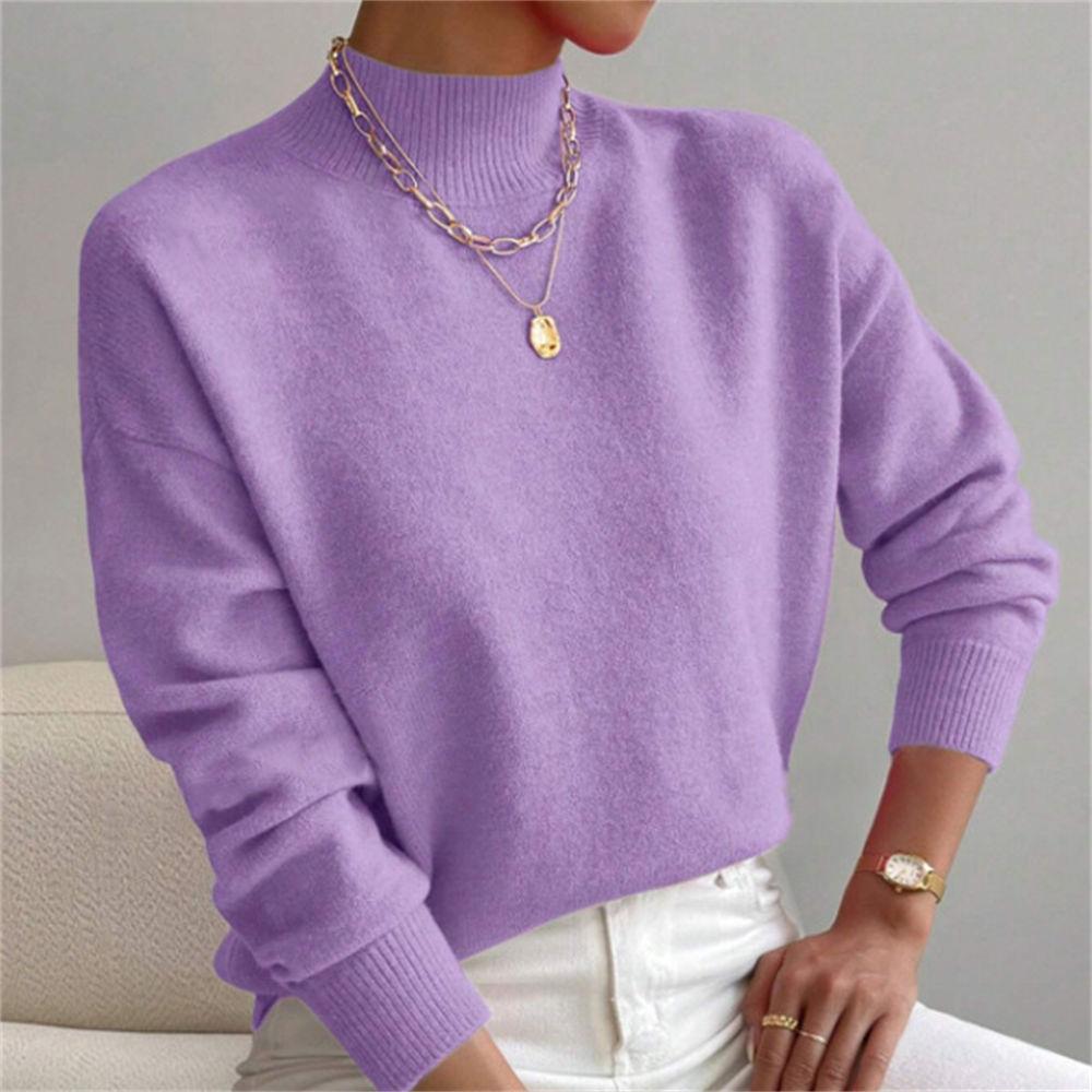 Women's Autumn/Winter Mock Neck Pullover Sweater, Fashion Solid Color Loose Fit Long Sleeve Knit Top S-XL