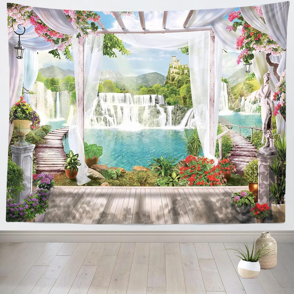 European Palace Garden Tapestry Hanging Fairy Castle Mountain Waterfalls Nature Tapestry Vintage Columns Floral Arch Scenery